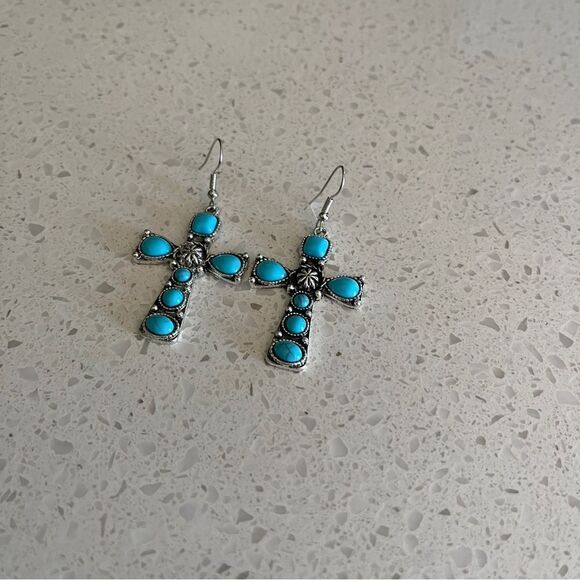 Faux Turquoise Cross Decor Drop Earrings Zinz Alloy - Picture 5 of 11